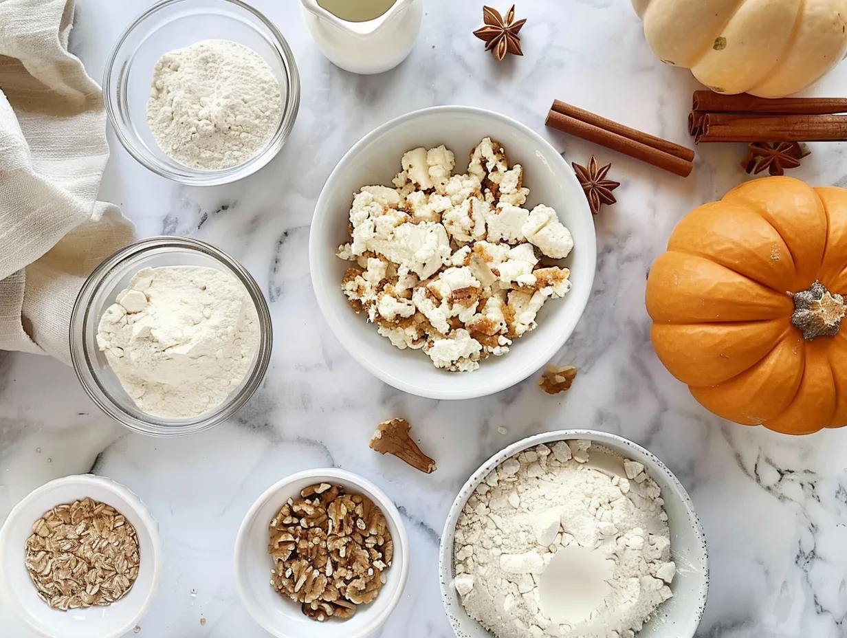 Raw ingredients for making a pumpkin spice cake roll including eggs, sugar, pumpkin puree, spices, flour, baking powder, salt, cream cheese, butter, vanilla extract, and powdered sugar.