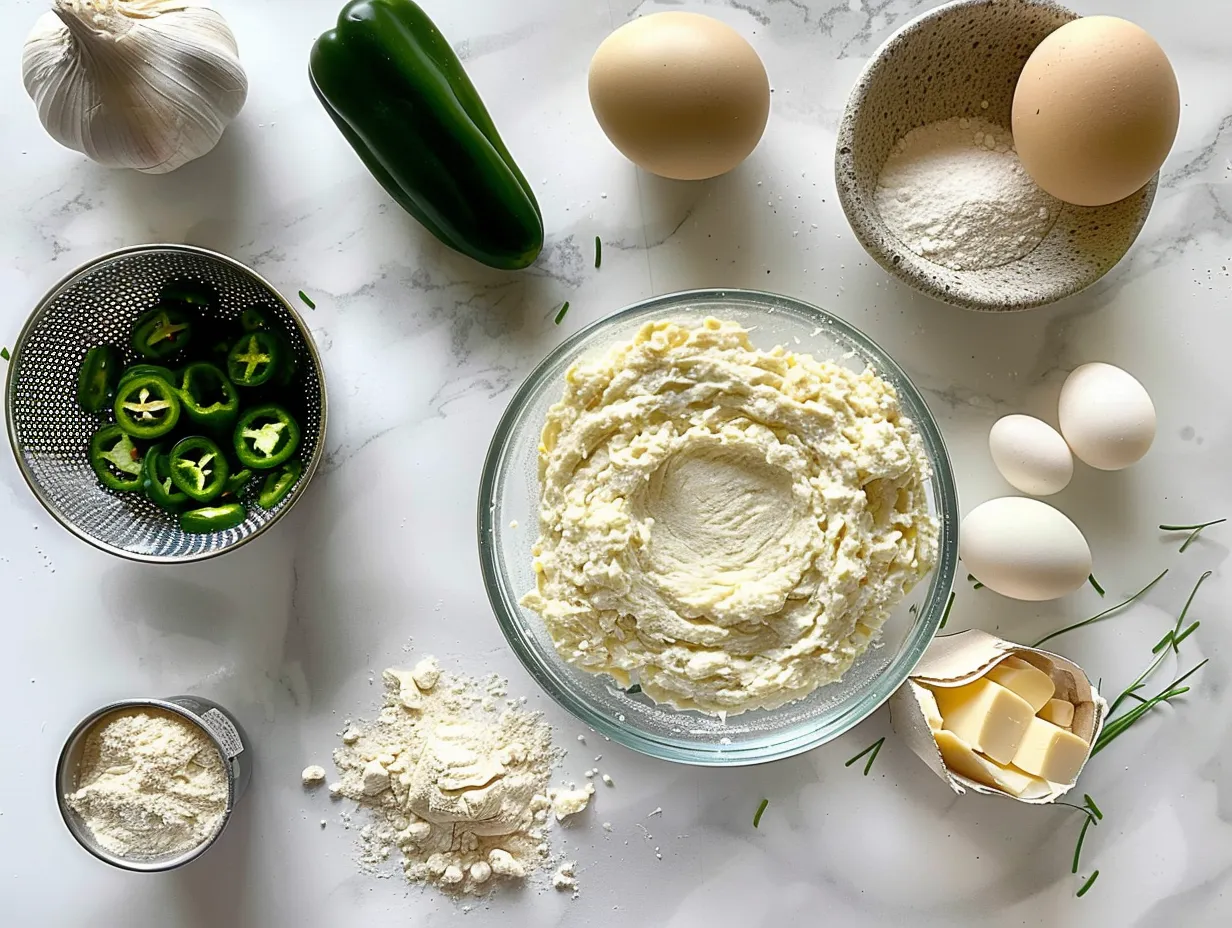 Ingredients for making spicy jalapeno popper twists including puff pastry, cream cheese, cheddar, and jalapenos.