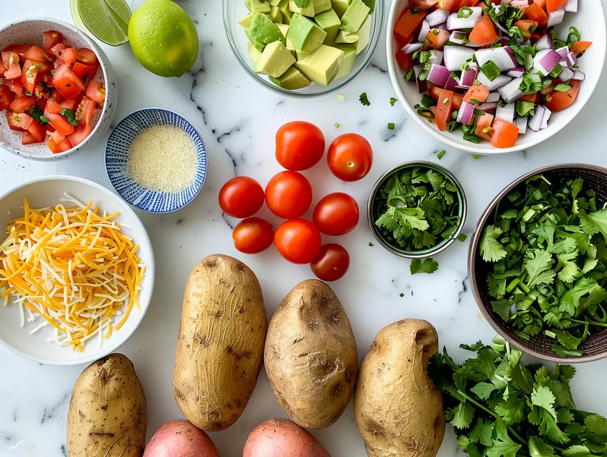 Raw ingredients for taco stuffed baked potatoes, including potatoes, ground beef, cheese, and taco seasoning, arranged on a marble surface