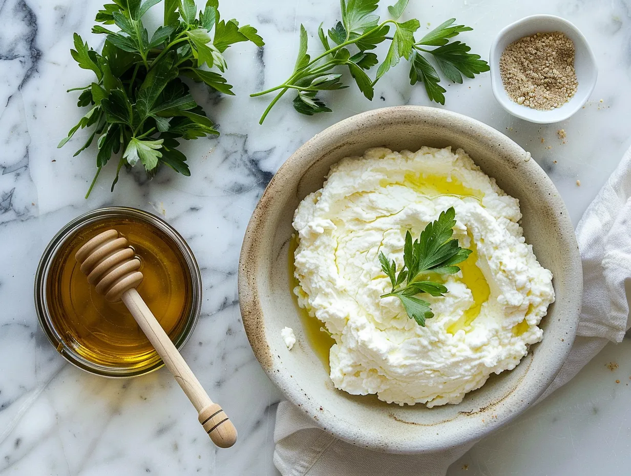 Ingredients for Ricotta Dip with Hot Honey: ricotta cheese, olive oil, hot honey, sea salt, and serving options like crackers and veggies.