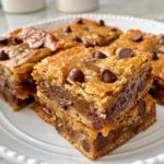 Salted Caramel Chocolate Chip Cookie Bars on a Plate