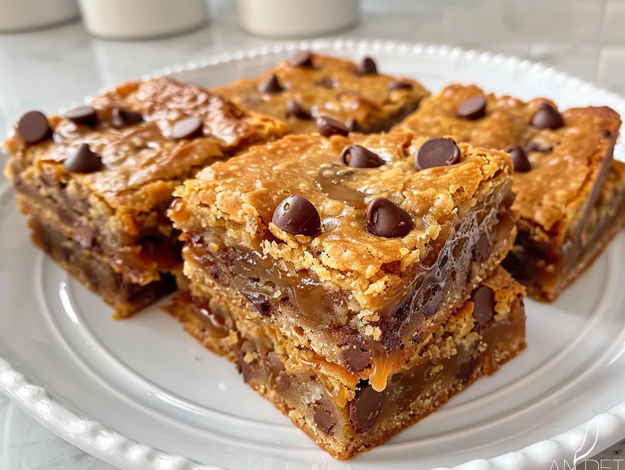 Salted Caramel Chocolate Chip Cookie Bars on a Plate