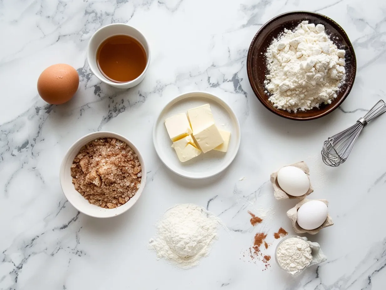 Snickerdoodle recipe ingredients: butter, sugar, flour, spices, and vanilla on a marble countertop