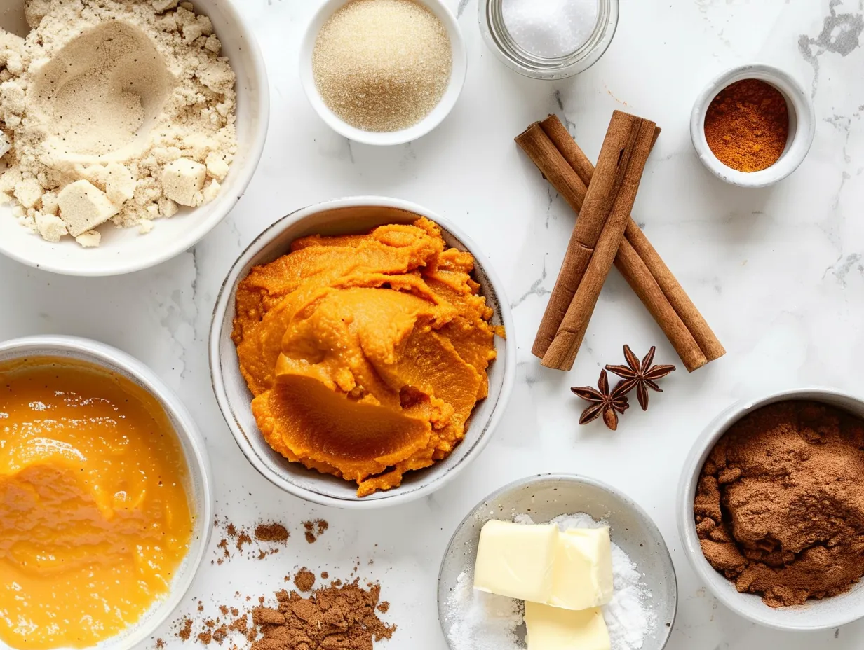 Ingredients for Homemade Spiced Pumpkin Butter, including pumpkin puree, brown sugar, maple syrup, pumpkin pie spice, cinnamon, nutmeg, ginger, salt, and lemon juice.