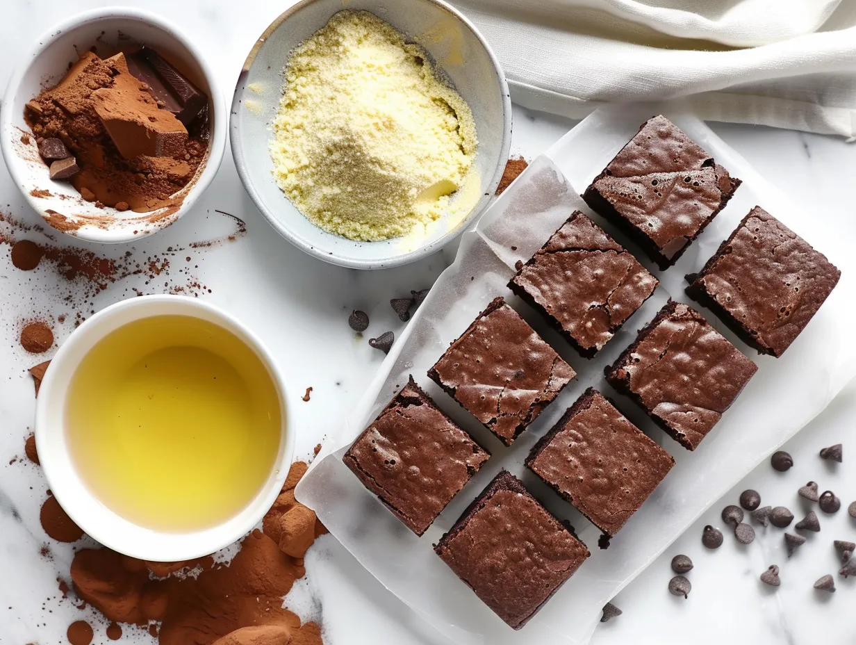 Ingredients for making Triple Chocolate Brownies including butter, sugar, eggs, flour, cocoa powder, and chocolate chips