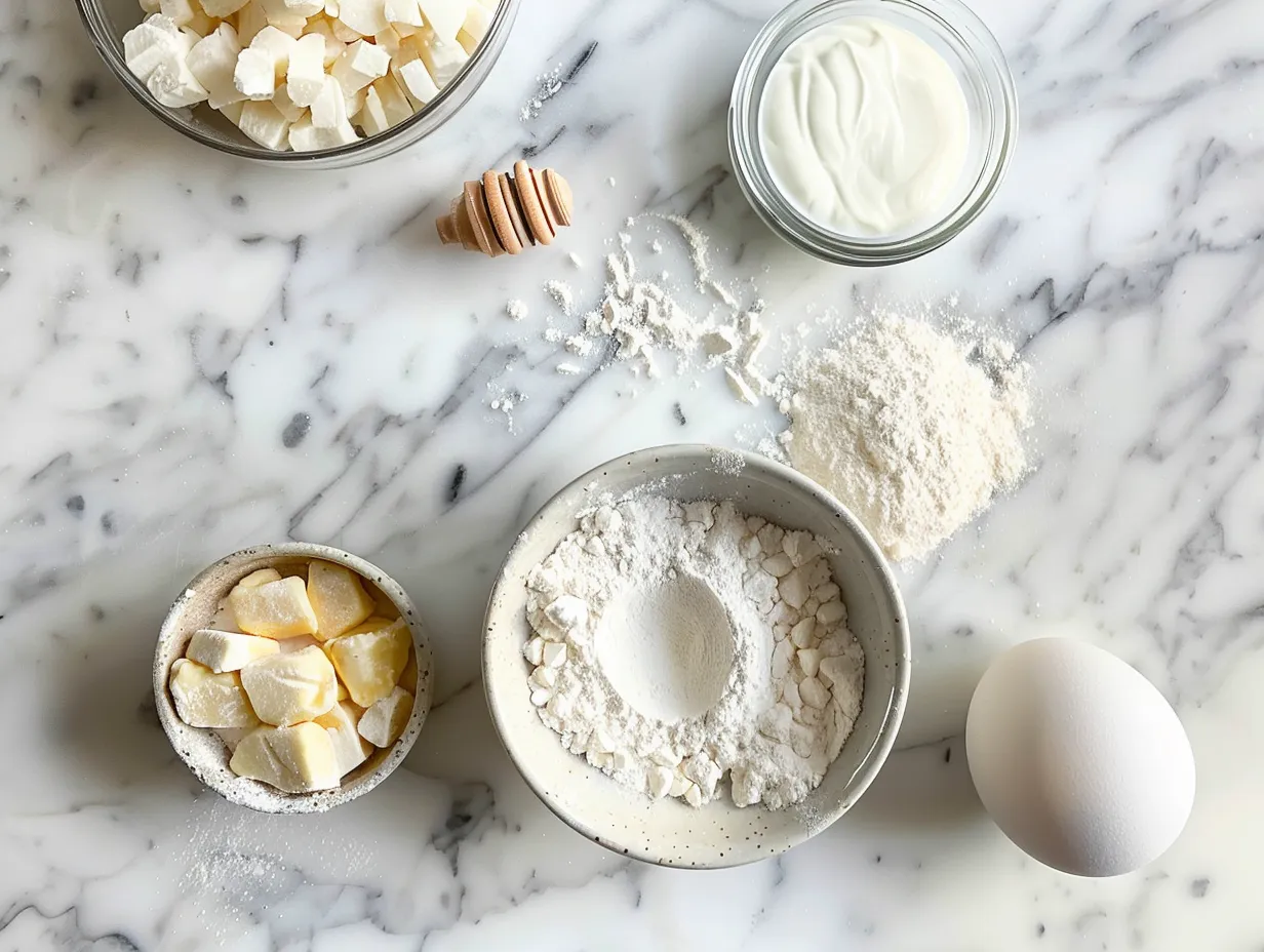 Ingredients for Two Ingredient Dough Pretzel Bites: self-rising flour and Greek yogurt in separate bowls.