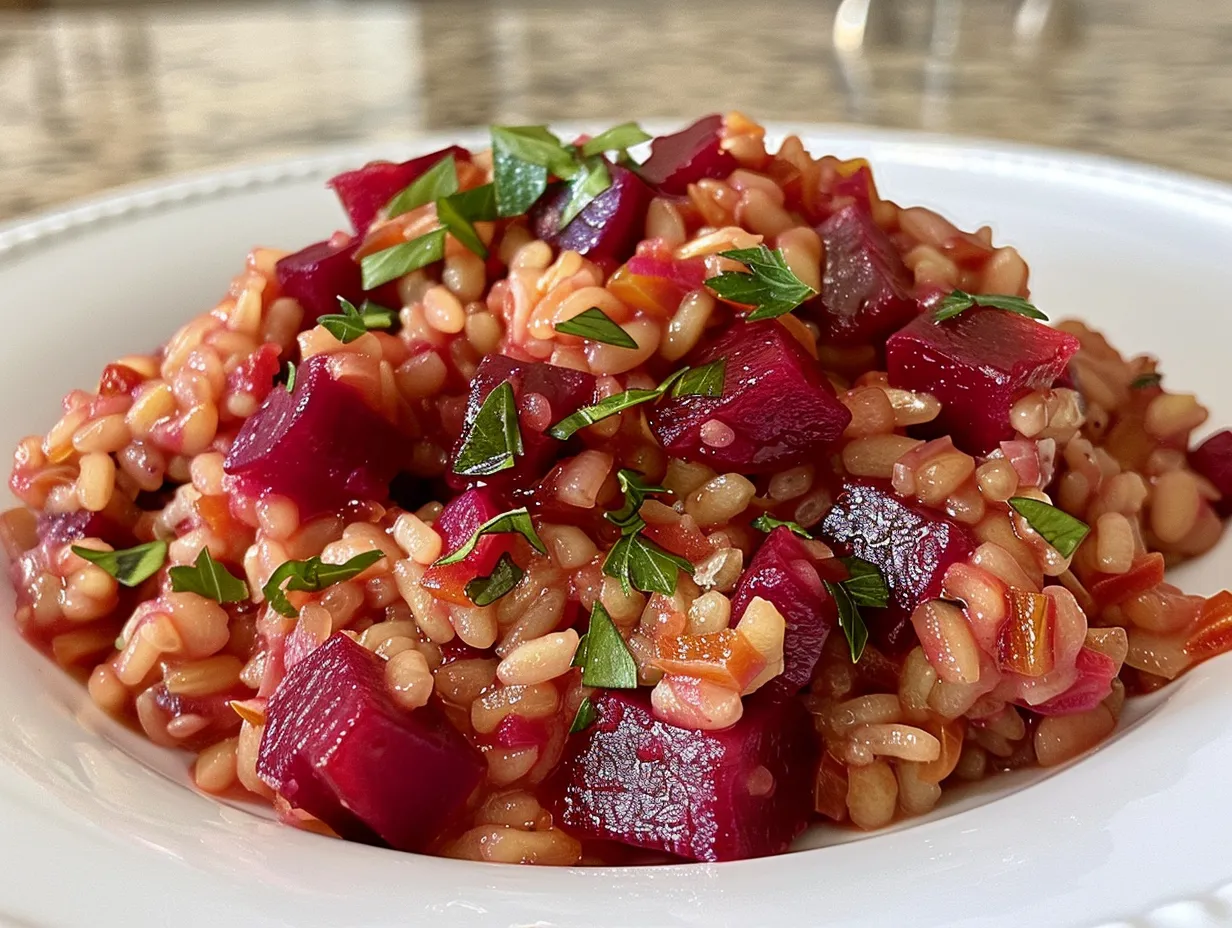 A vibrant bowl of beet farro risotto garnished with goat cheese and pistachios.