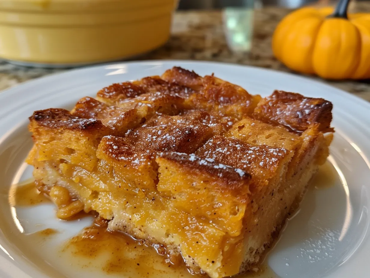 Warm and delicious pumpkin bread pudding with a golden brown top.