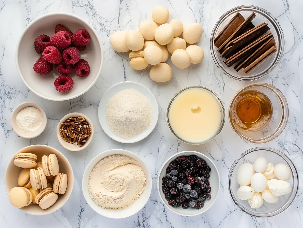 Ingredients for making French macarons, including almond flour, powdered sugar, egg whites, granulated sugar, and food coloring.