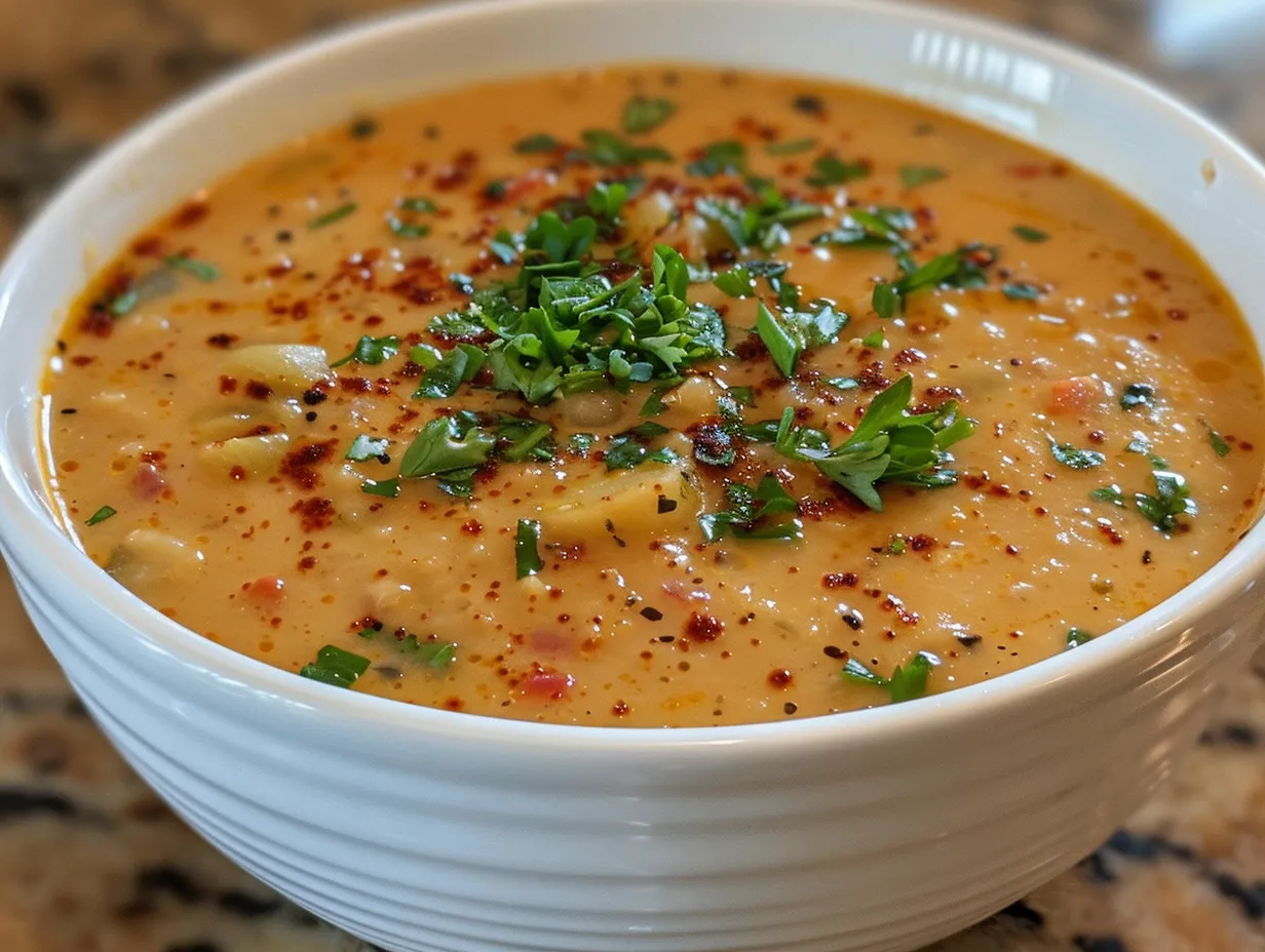 A steaming bowl of Cajun Potato Soup