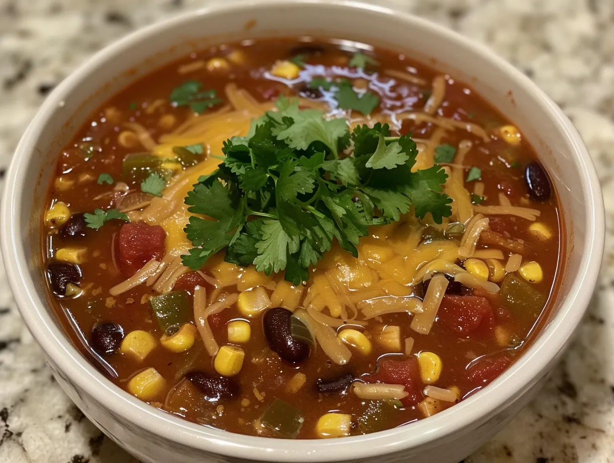 A vibrant bowl of vegetarian tortilla soup topped with fresh avocado, cilantro, and tortilla strips.
