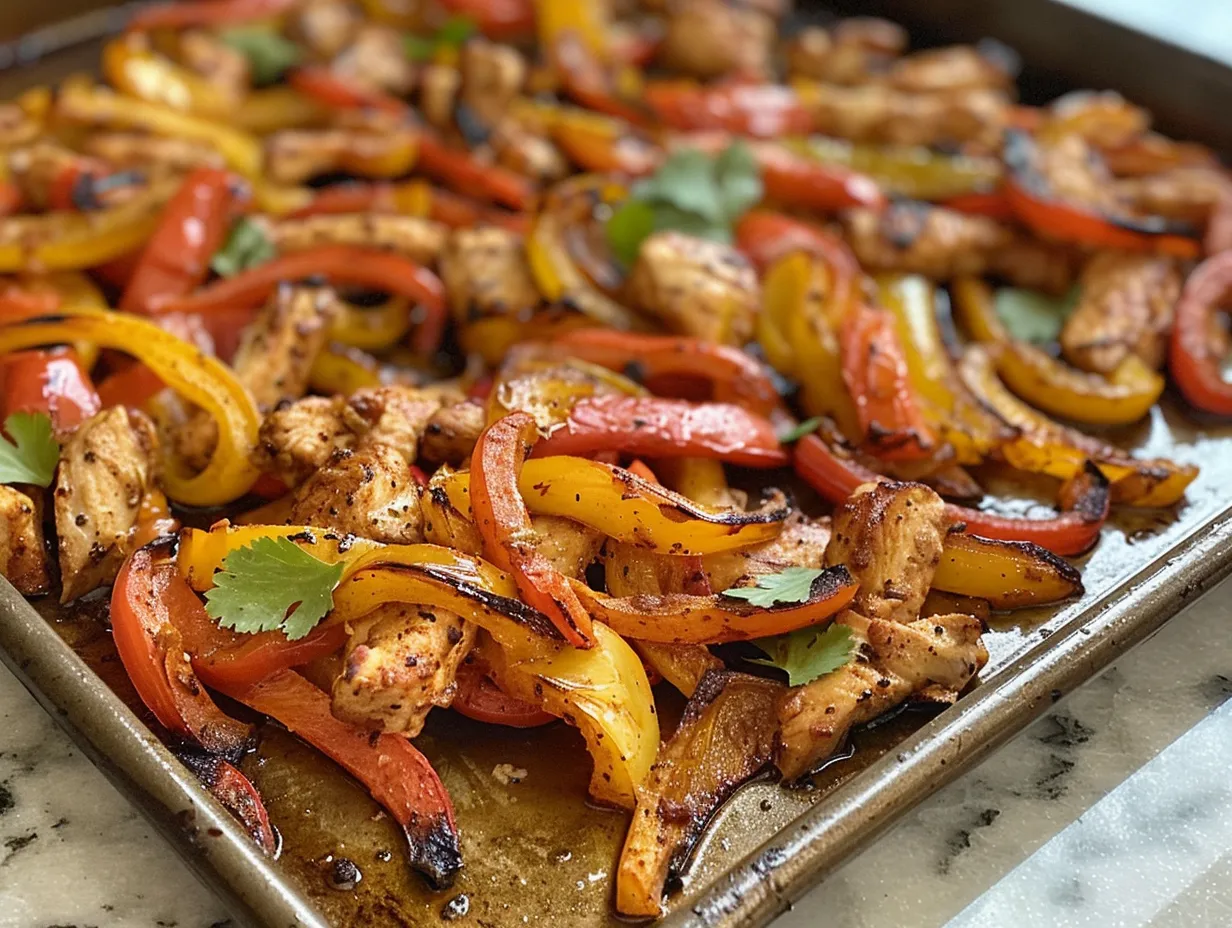 Delicious and colorful sheet pan chicken fajitas ready to serve.