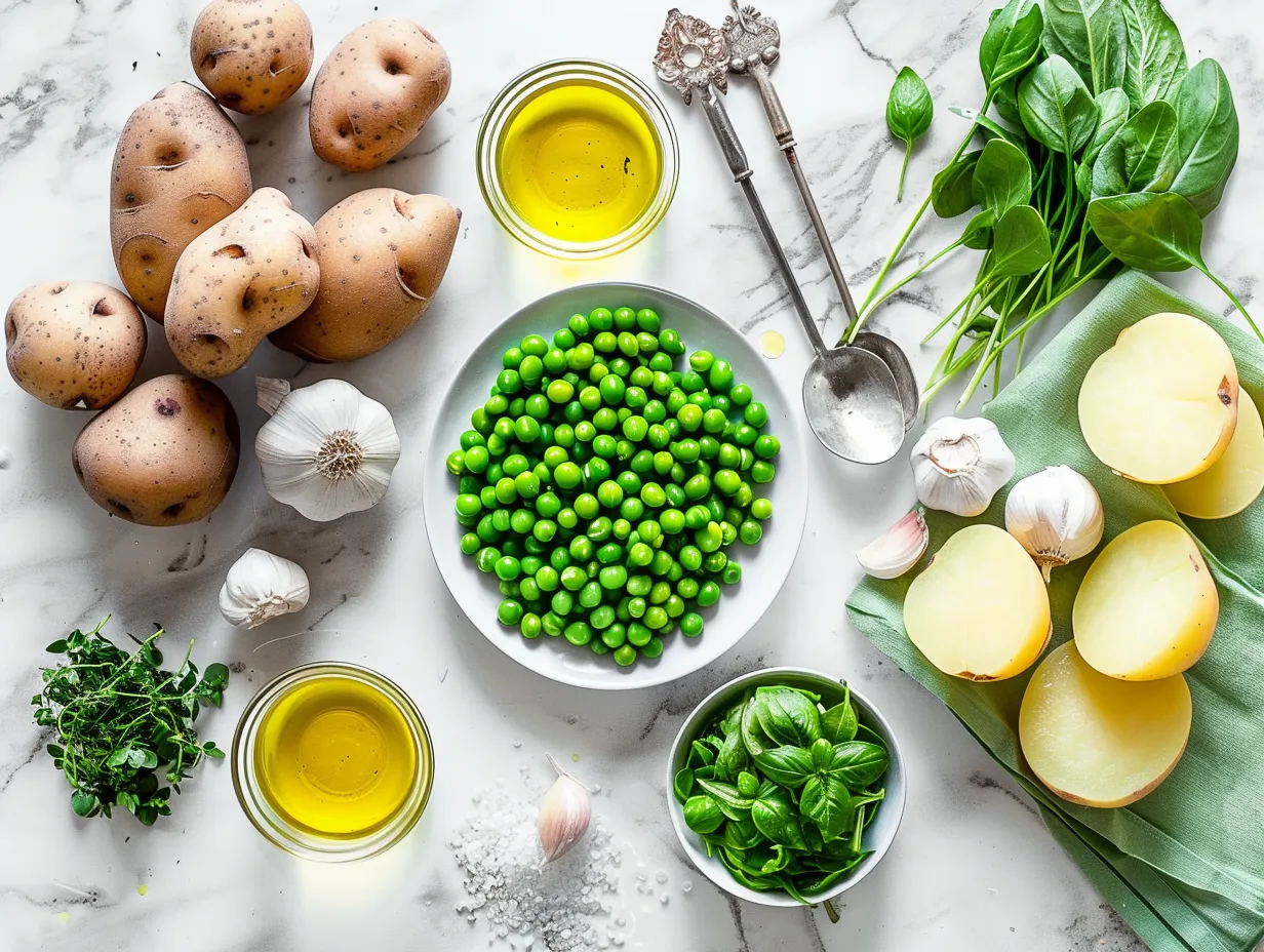 Ingredients for making Greek peas stew with potatoes, including olive oil, onion, garlic, crushed tomatoes, potatoes, peas, broth and dill