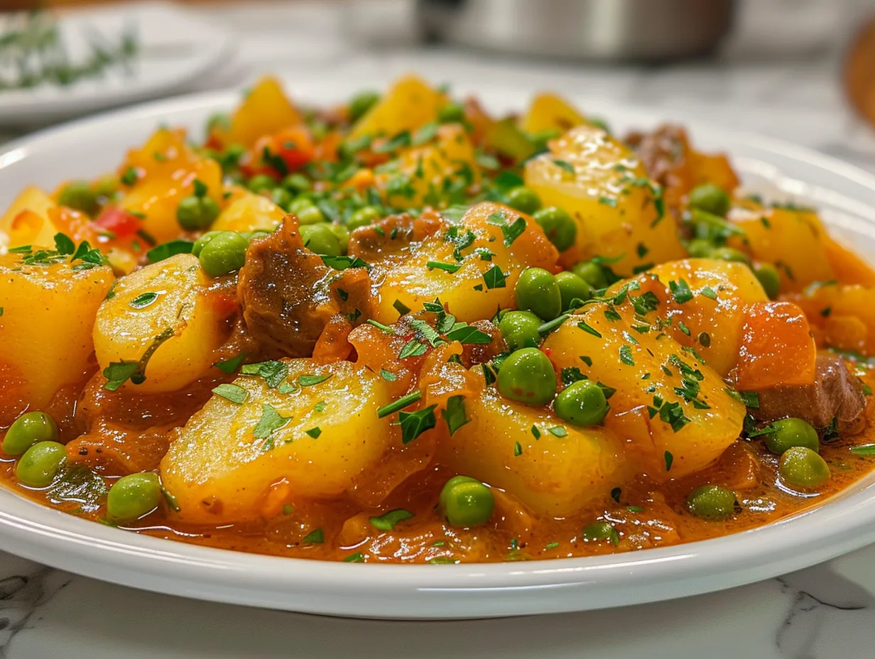 A bowl of Greek peas stew with potatoes, garnished with fresh dill.