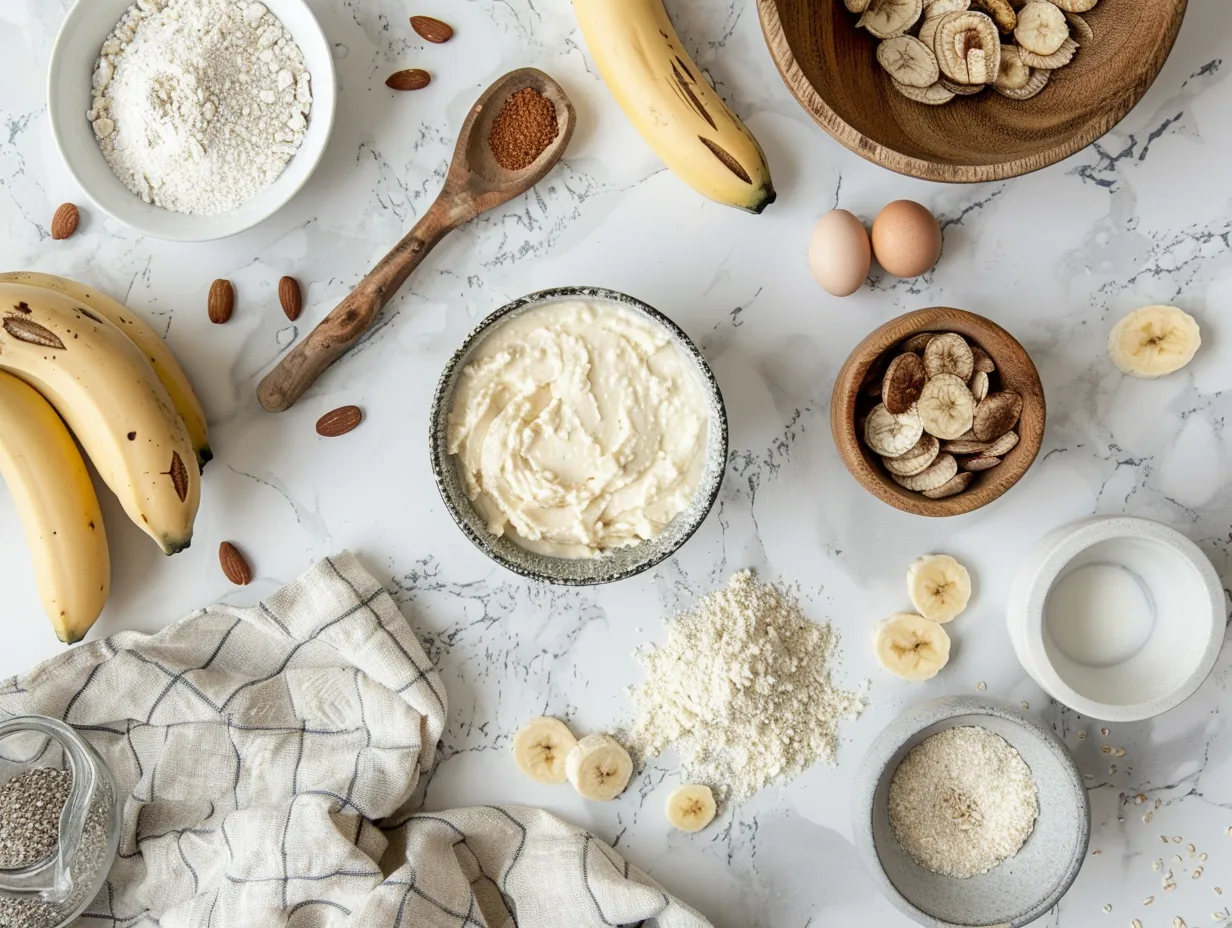 Ingredients for banana bread on a marble countertop.