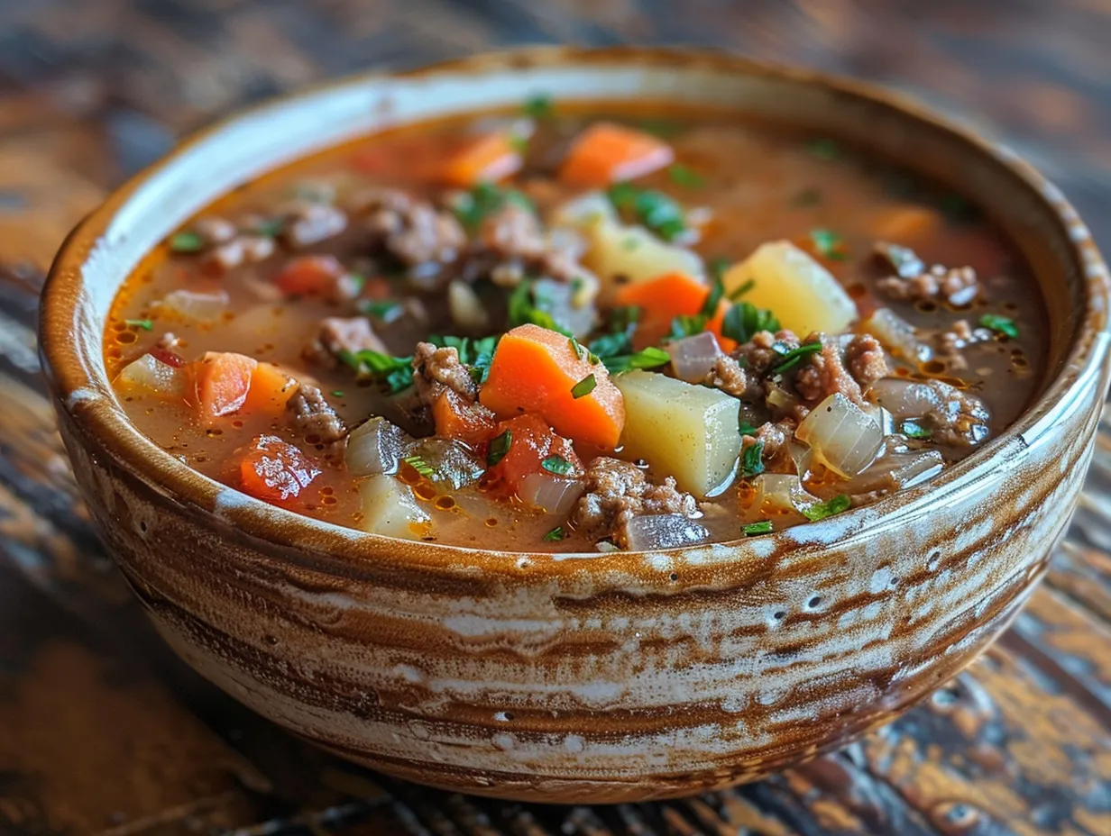 A bowl of creamy Loaded Hamburger Soup topped with shredded cheese, bacon crumbles, and green onions.