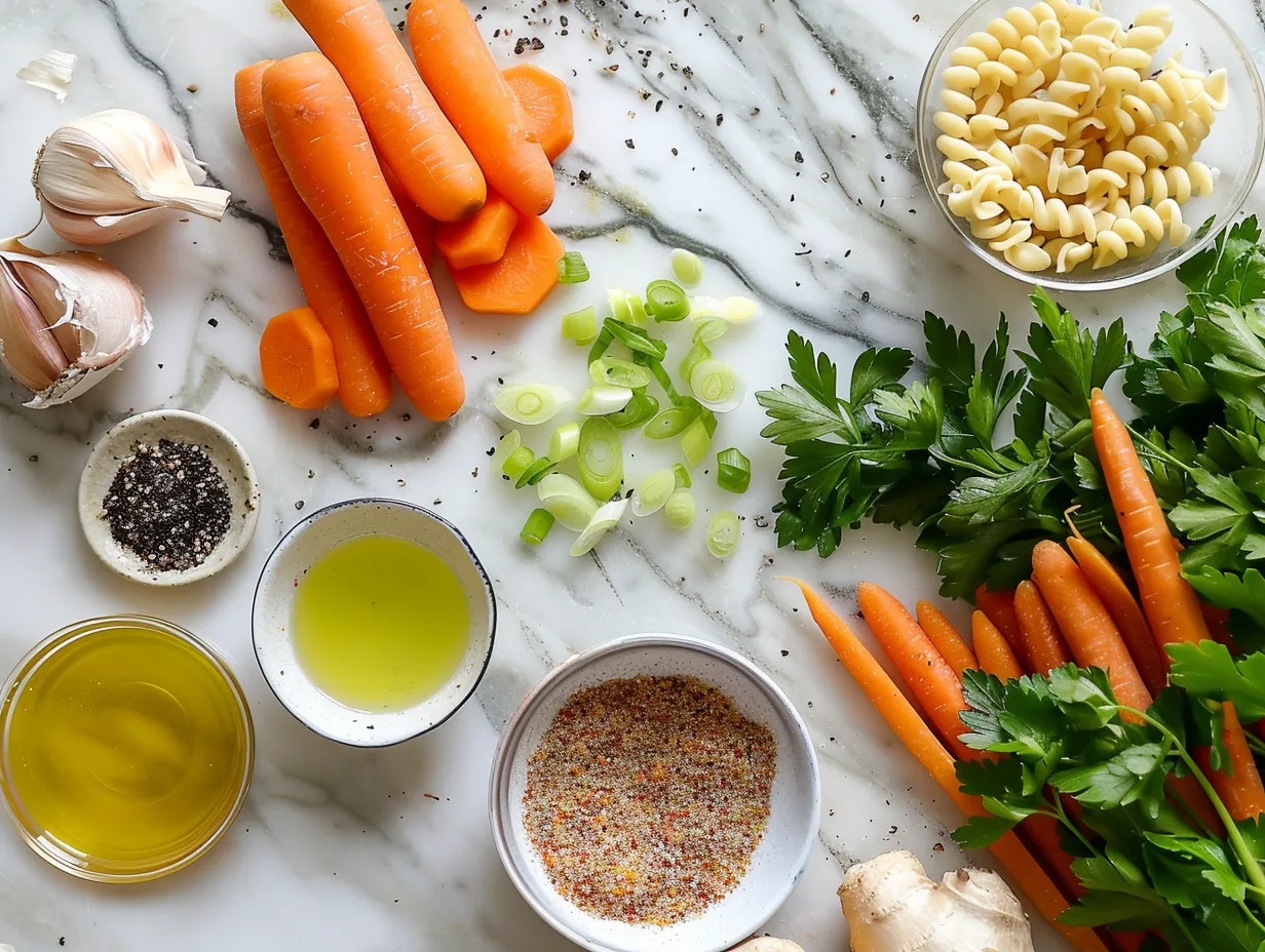 Ingredients for Chicken Noodle Soup including olive oil, onion, carrots, celery, garlic, chicken broth, rotisserie chicken, thyme, rosemary, egg noodles, salt, pepper, and parsley