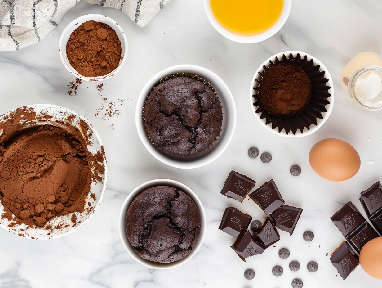All the ingredients needed to make delicious chocolate muffins, laid out on a wooden surface