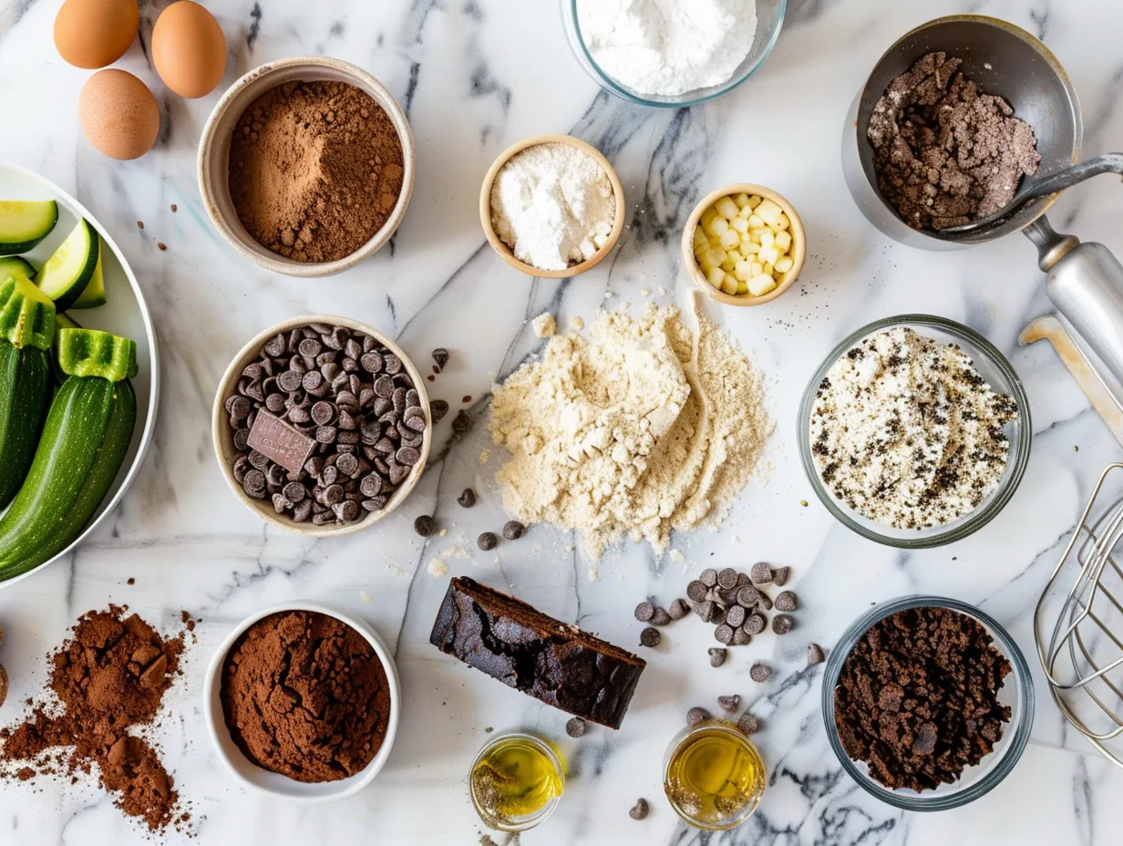 Ingredients for moist chocolate zucchini bread on a kitchen counter