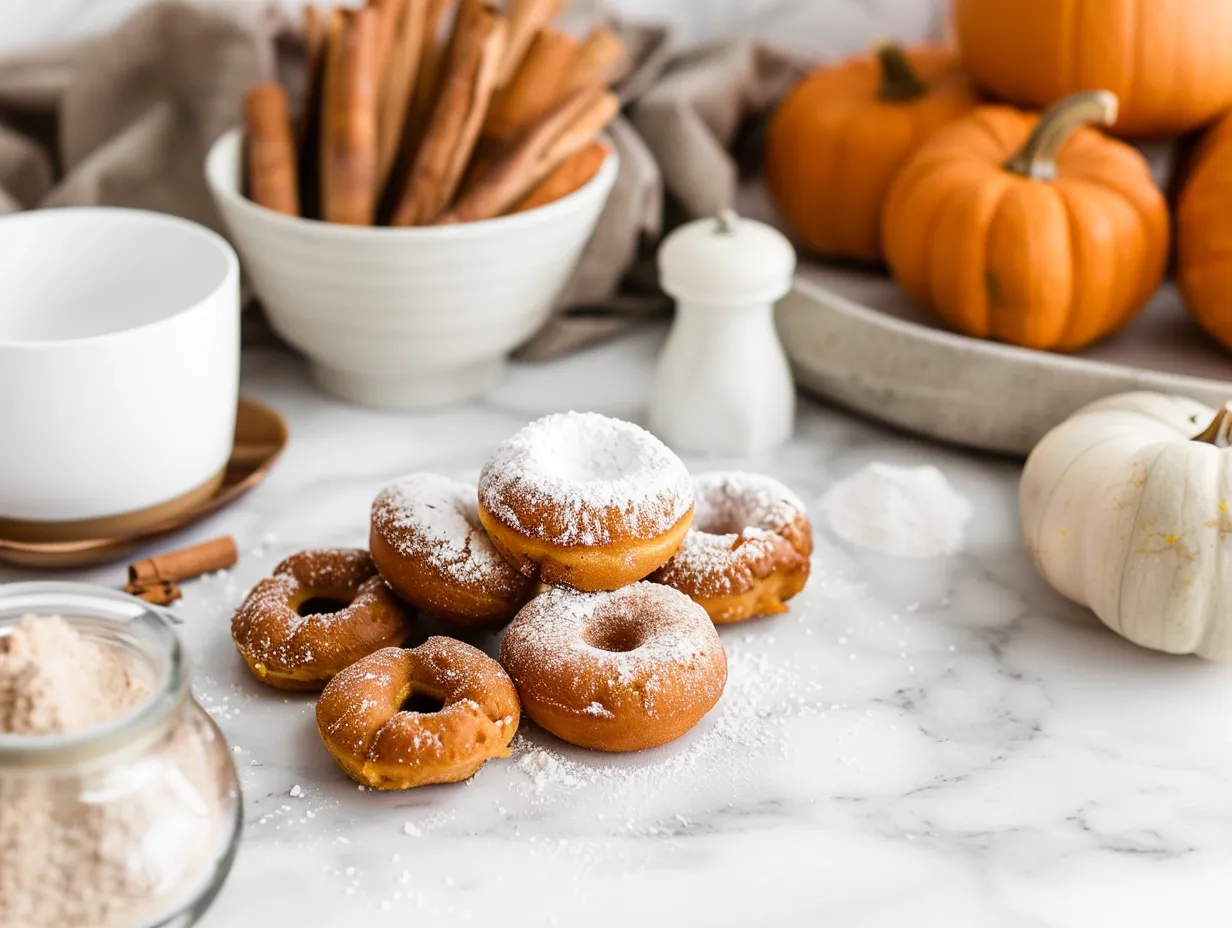 Ingredients for pumpkin donut holes on a white marble countertop