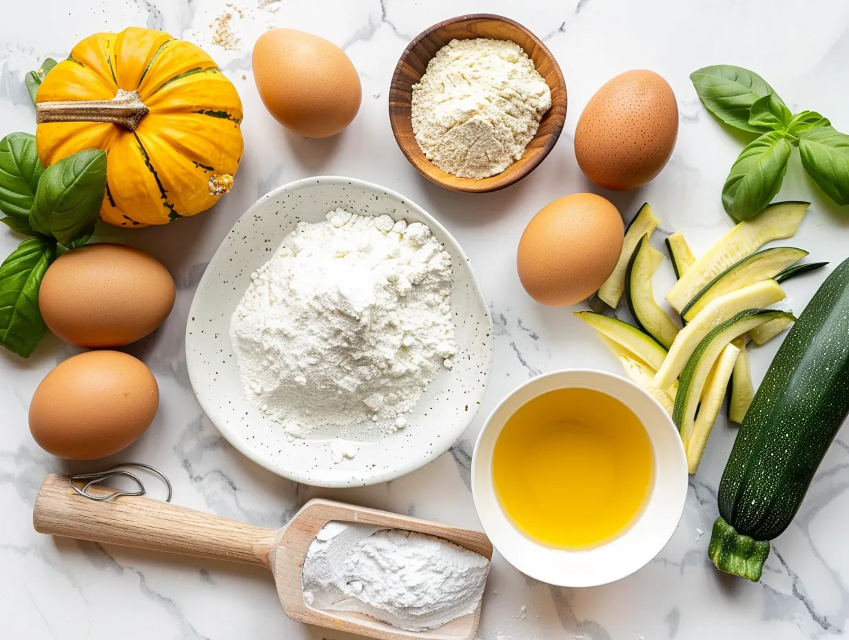 Key ingredients for making pumpkin zucchini bread, including flour, spices, pumpkin puree, and zucchini, arranged on a white marble surface.