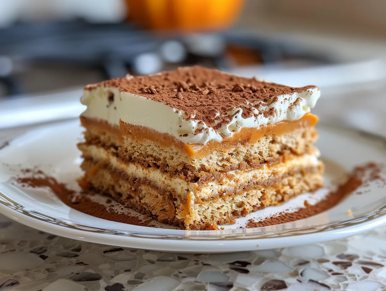 Close-up shot of a slice of pumpkin tiramisu
