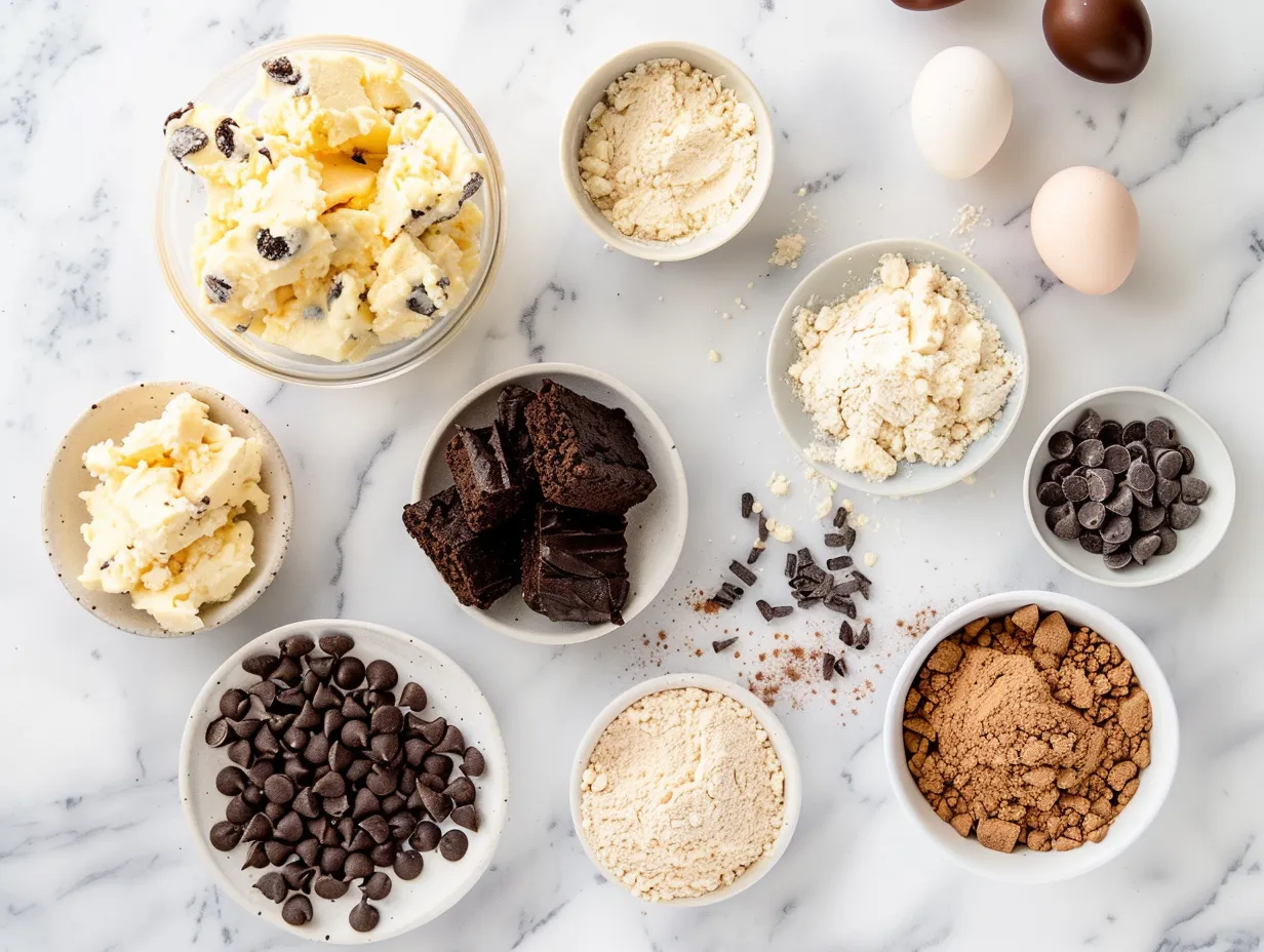 Ingredients for a cookie dough bar including butter, sugar, flour, and various toppings.