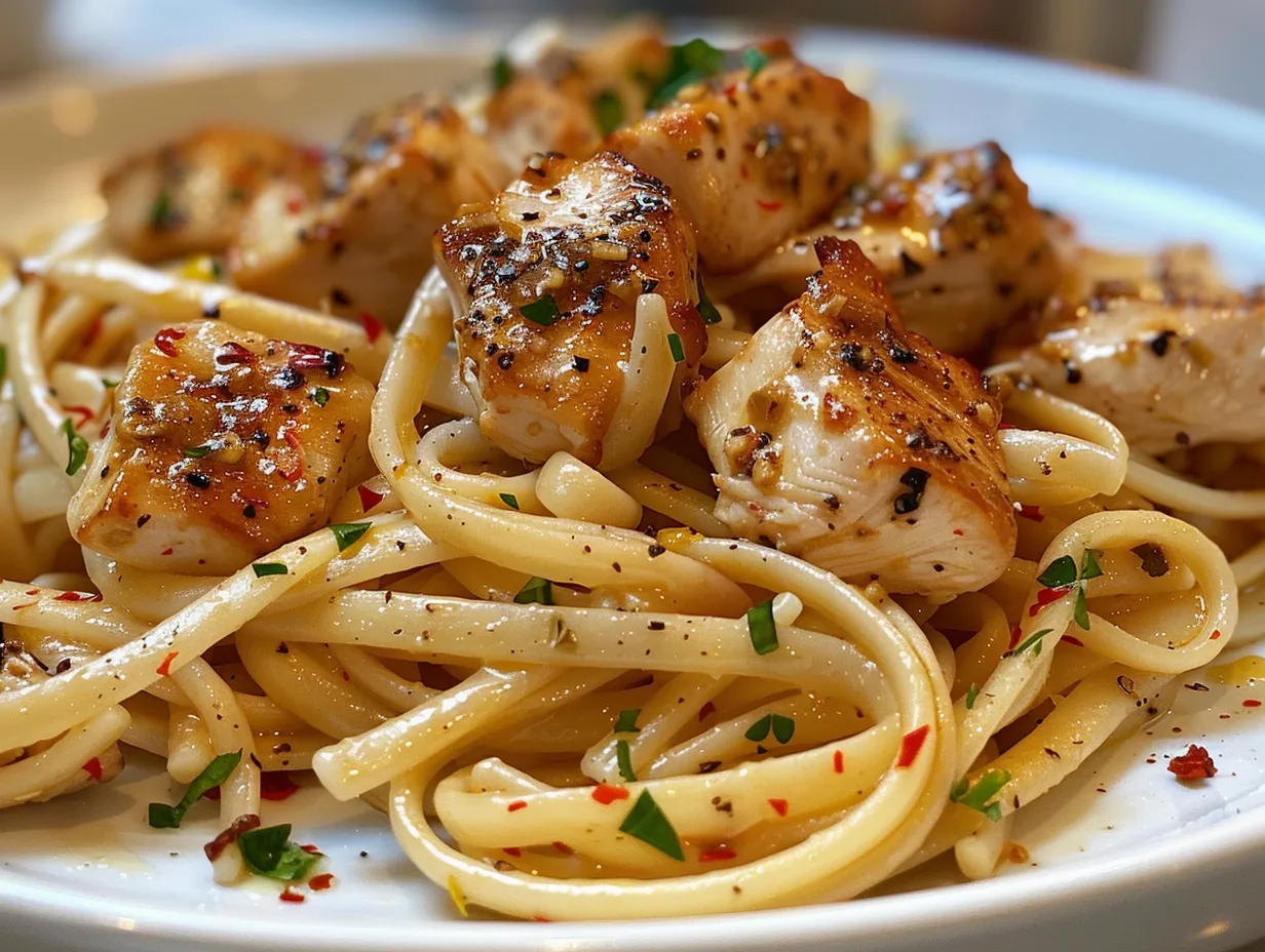 A delicious dish of Cowboy Chicken Linguine, garnished with cilantro and cheese.