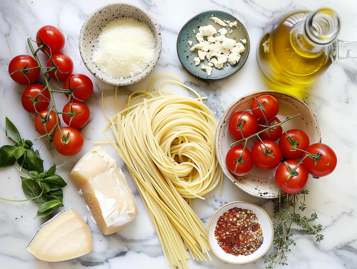 Ingredients for making Cowboy Chicken Linguine, including pasta, chicken, spices, vegetables, and cheese.