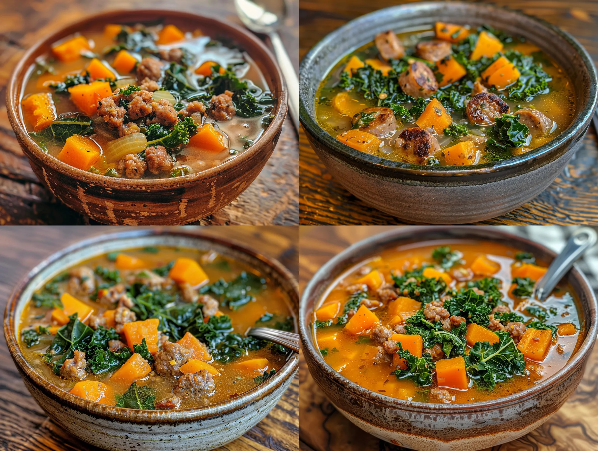A warm and comforting bowl of sausage sweet potato kale soup.