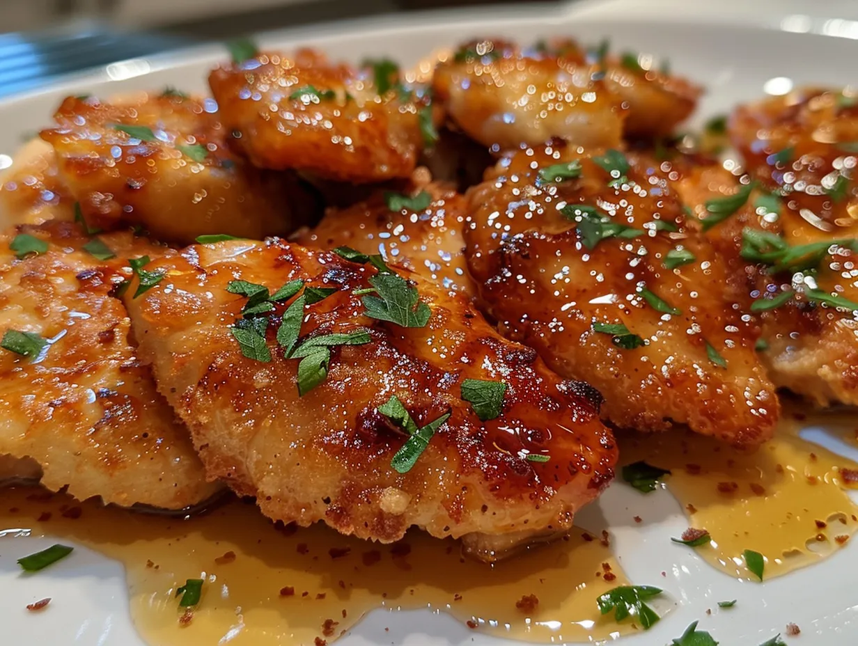 Plated Crispy Feta Chicken with Hot Honey Drizzle garnished with parsley