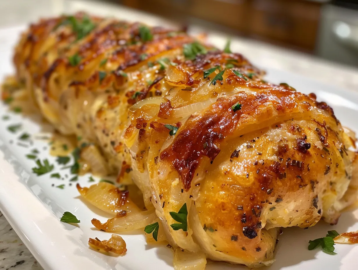 Delicious Cheesy Stuffed Chicken Rolls with Caramelized Onions