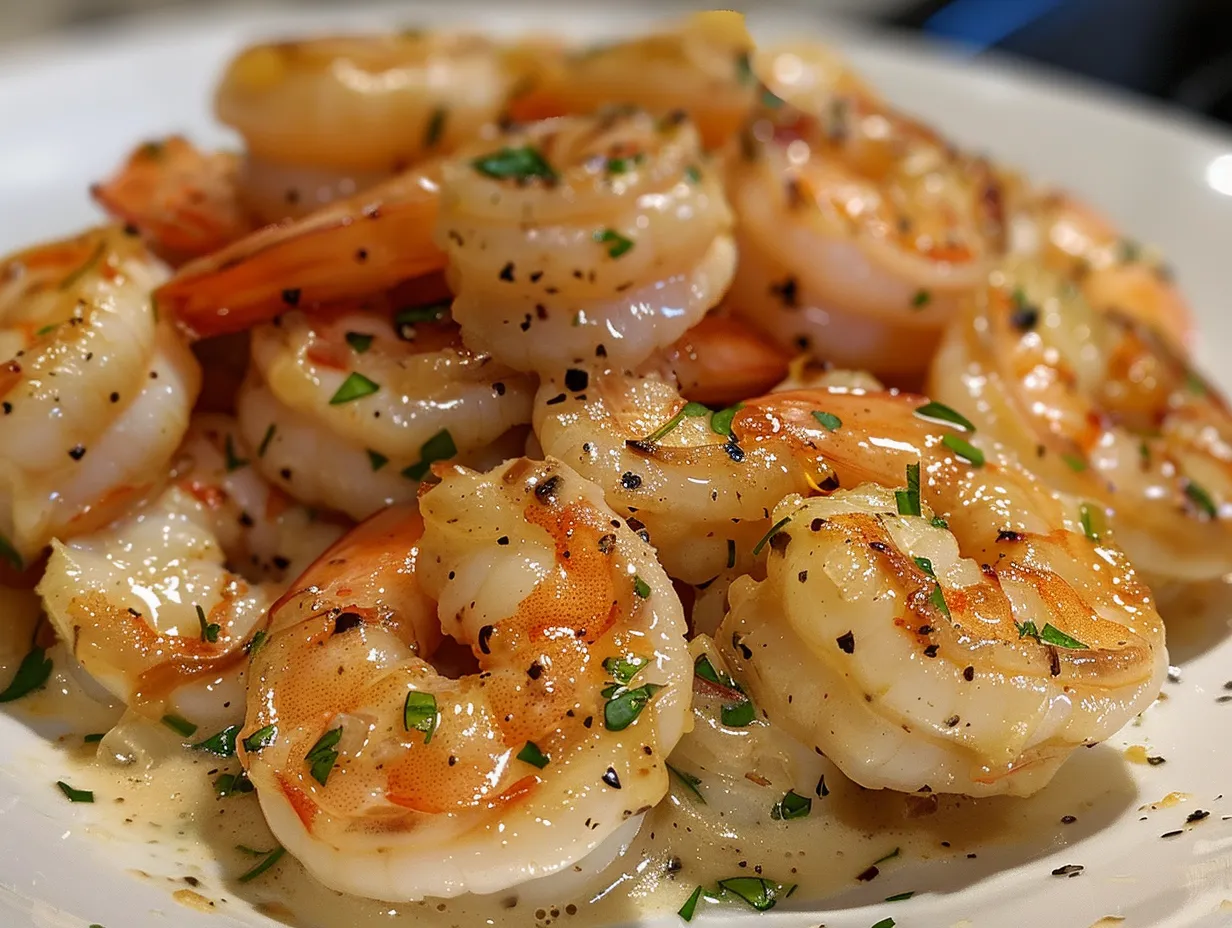 A delicious plate of creamy garlic shrimp served on pasta