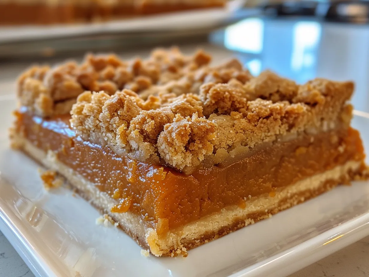 Delicious Pumpkin Pie Crumble Bars on a Wooden Surface