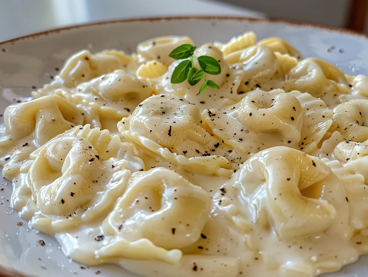 Delicious and creamy Tortellini Alfredo served on a fork.