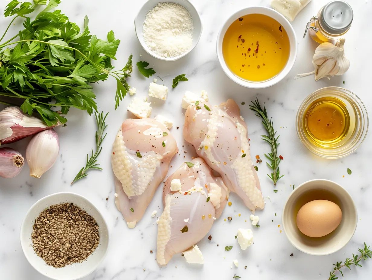 Ingredients for Crispy Feta Chicken with Hot Honey Drizzle, including chicken breasts, feta cheese, panko breadcrumbs, and spices