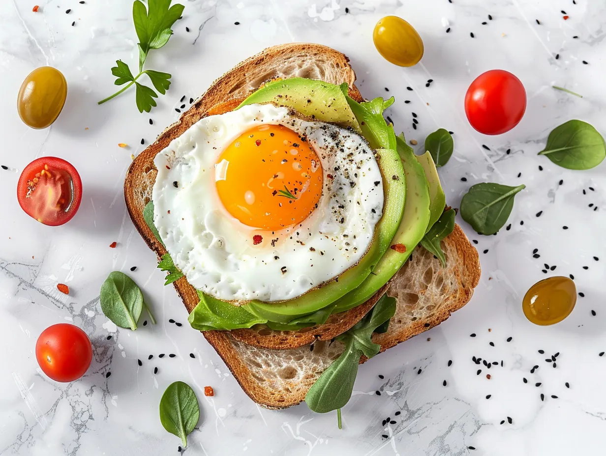 Fresh ingredients for making avocado toast with egg, including bread, avocado, lemon, salt, pepper, and eggs