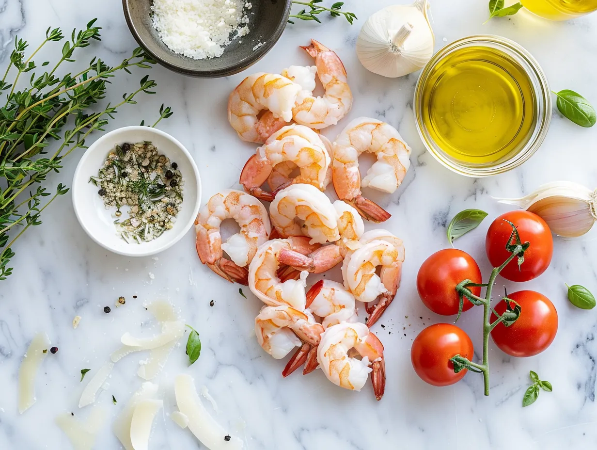 Fresh ingredients for making creamy Shrimp Alfredo
