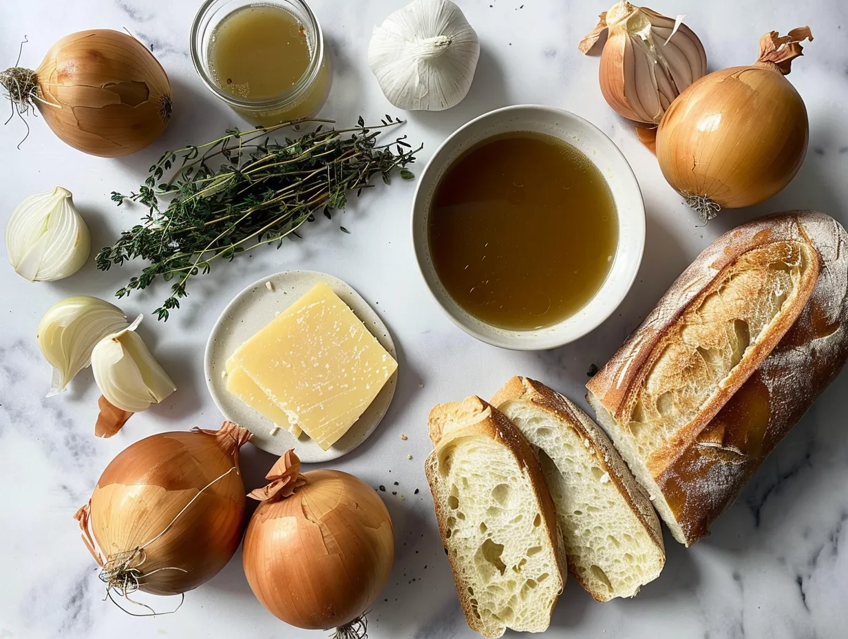 Fresh ingredients for making French onion soup, including onions, herbs, and cheese.