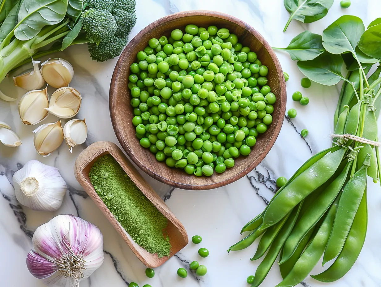 Fresh ingredients laid out for making Greek Green Peas Stew, including olive oil, onion, garlic, canned tomatoes, frozen peas, vegetable broth, potato, parsley, dill, salt, pepper, and lemon.
