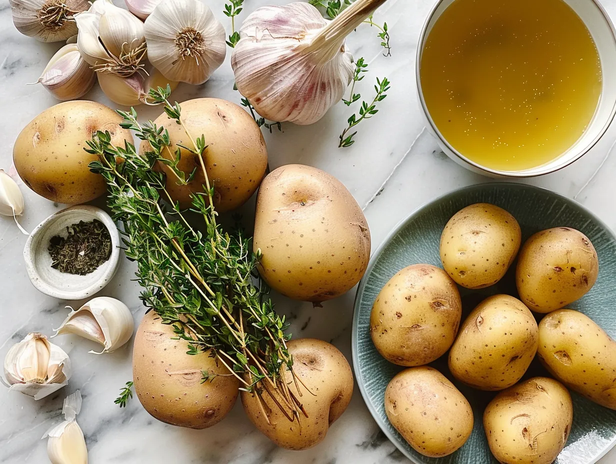 Fresh ingredients for making a creamy roasted garlic potato soup, including potatoes, garlic, and onions.