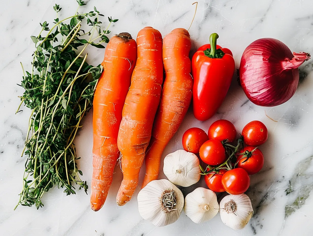 Fresh ingredients including onion, carrots, celery, bell pepper, butternut squash, broccoli, and garlic for making roasted veggie soup