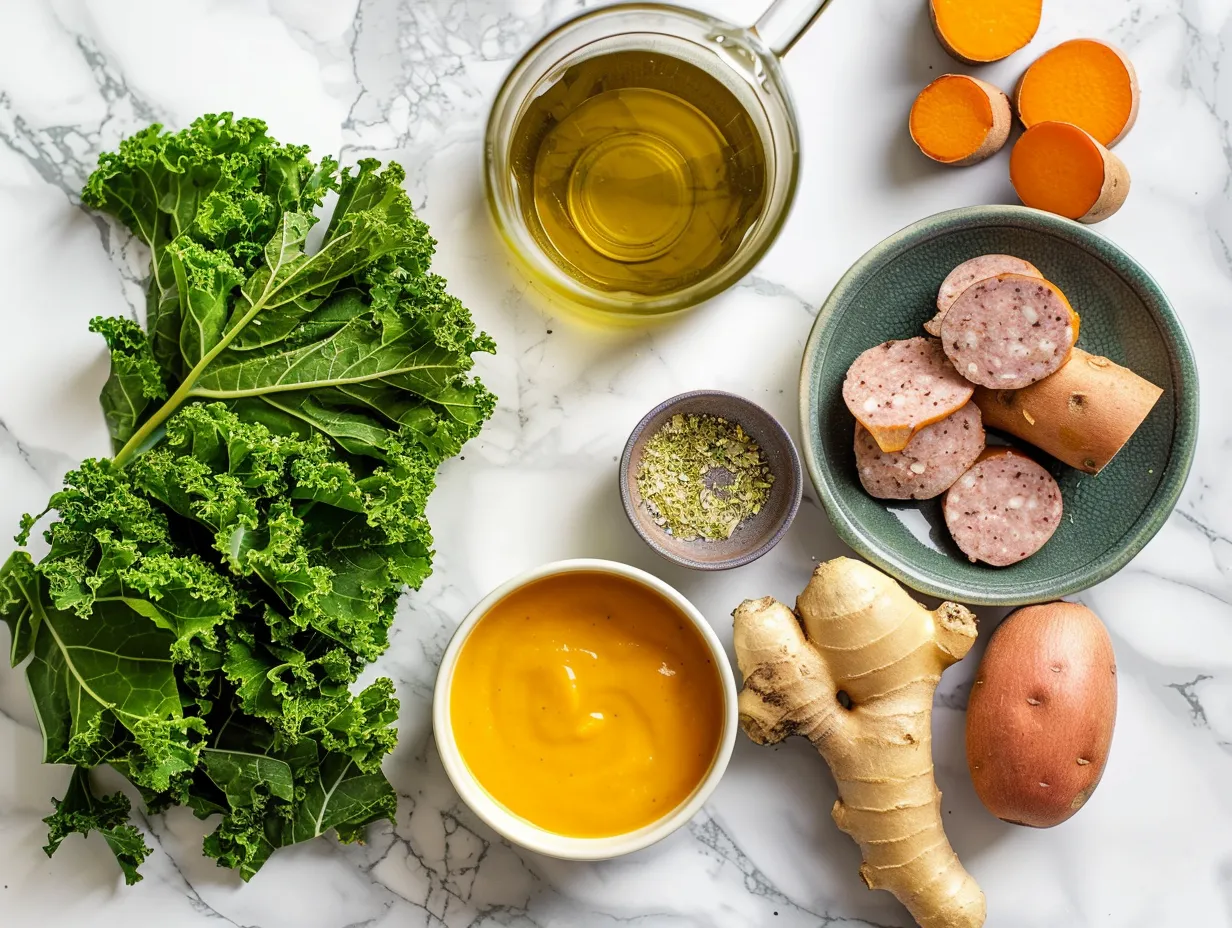 Fresh ingredients laid out for making sausage sweet potato kale soup.