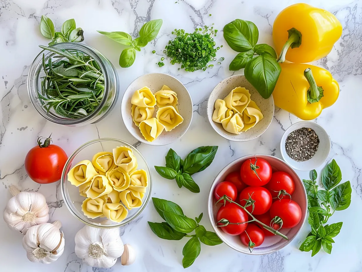 Fresh ingredients for making Tortellini Vegetable Soup including olive oil, onion, carrots, celery, garlic, broth, diced tomatoes, Italian seasoning, salt, pepper, tortellini, and spinach.