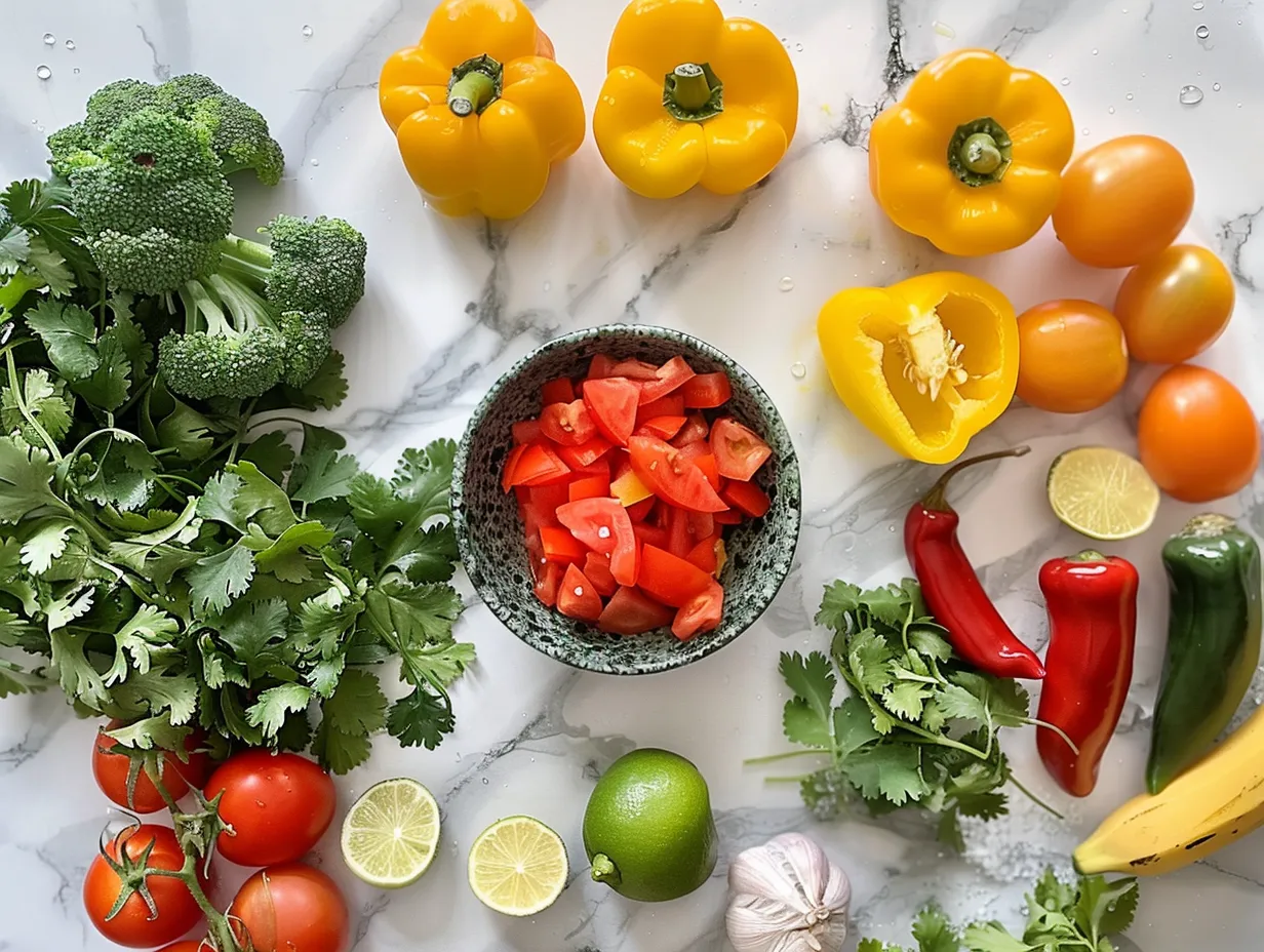 Fresh ingredients laid out for making vegetarian tortilla soup, including tomatoes, onions, peppers, and spices.