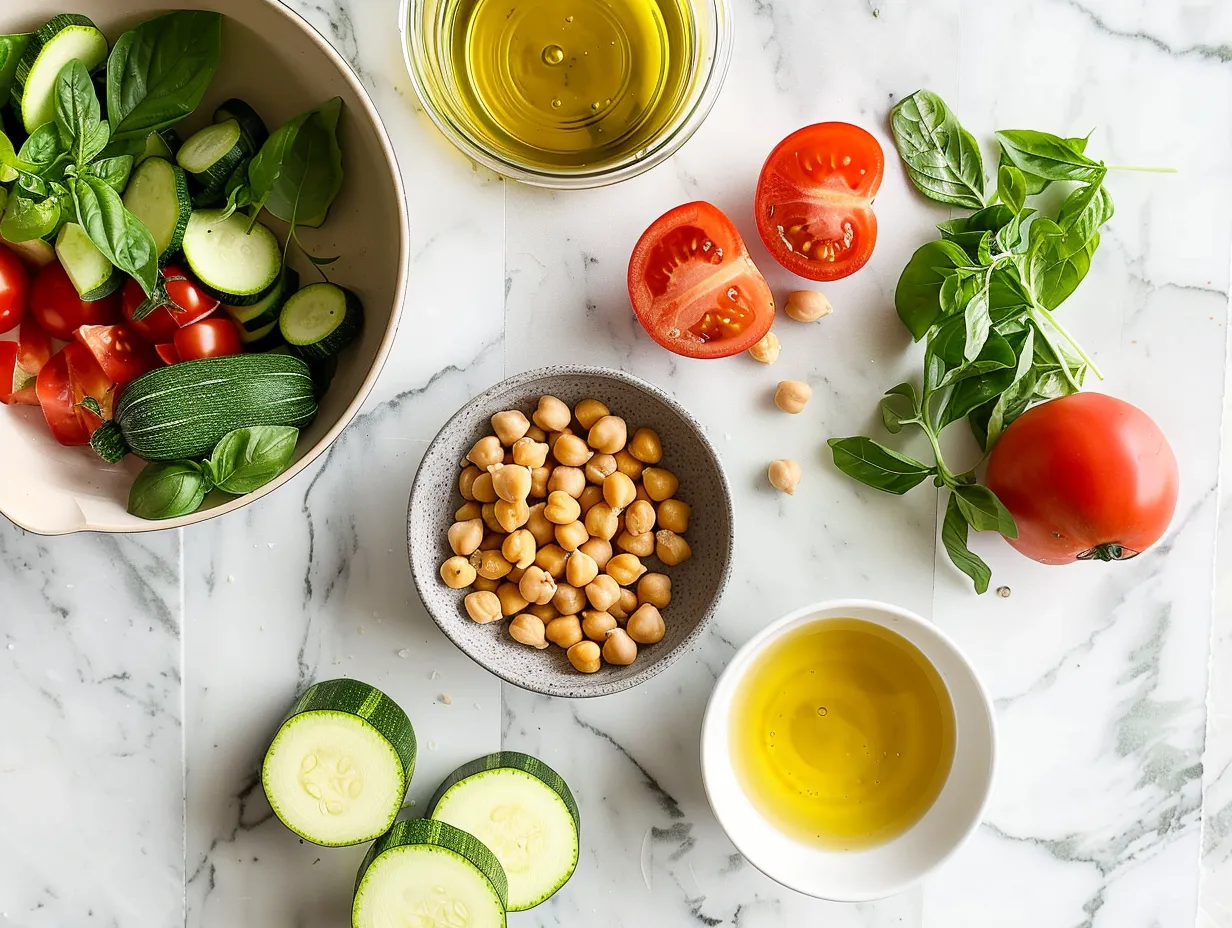 Fresh ingredients including zucchini, chickpeas, tomatoes, and spices for a zucchini chickpea skillet.