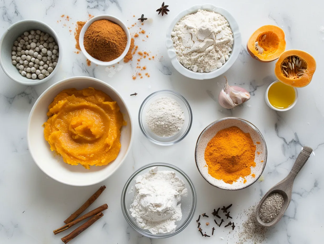 Ingredients for making fresh pumpkin muffins