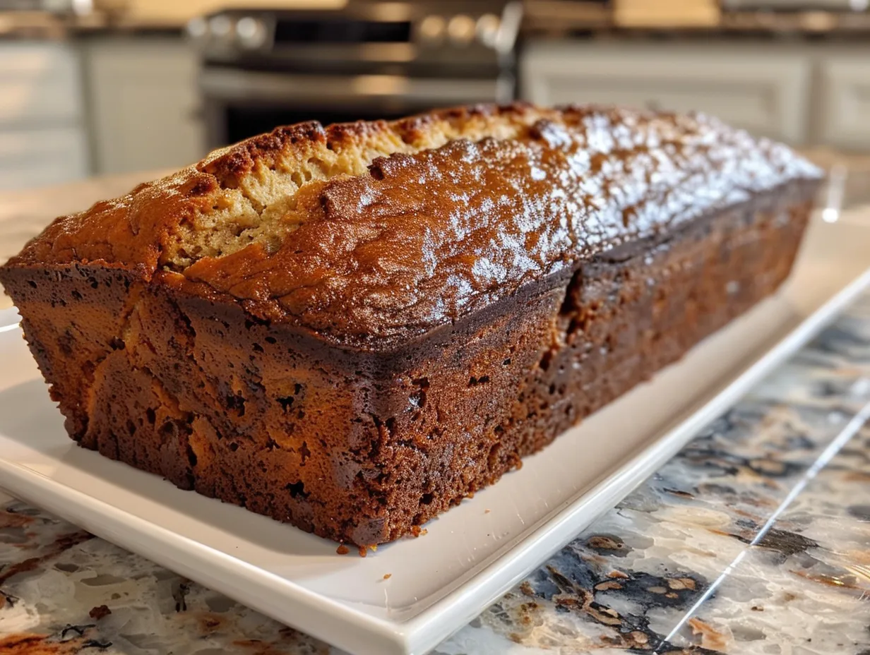 Freshly baked banana bread on a wooden surface.