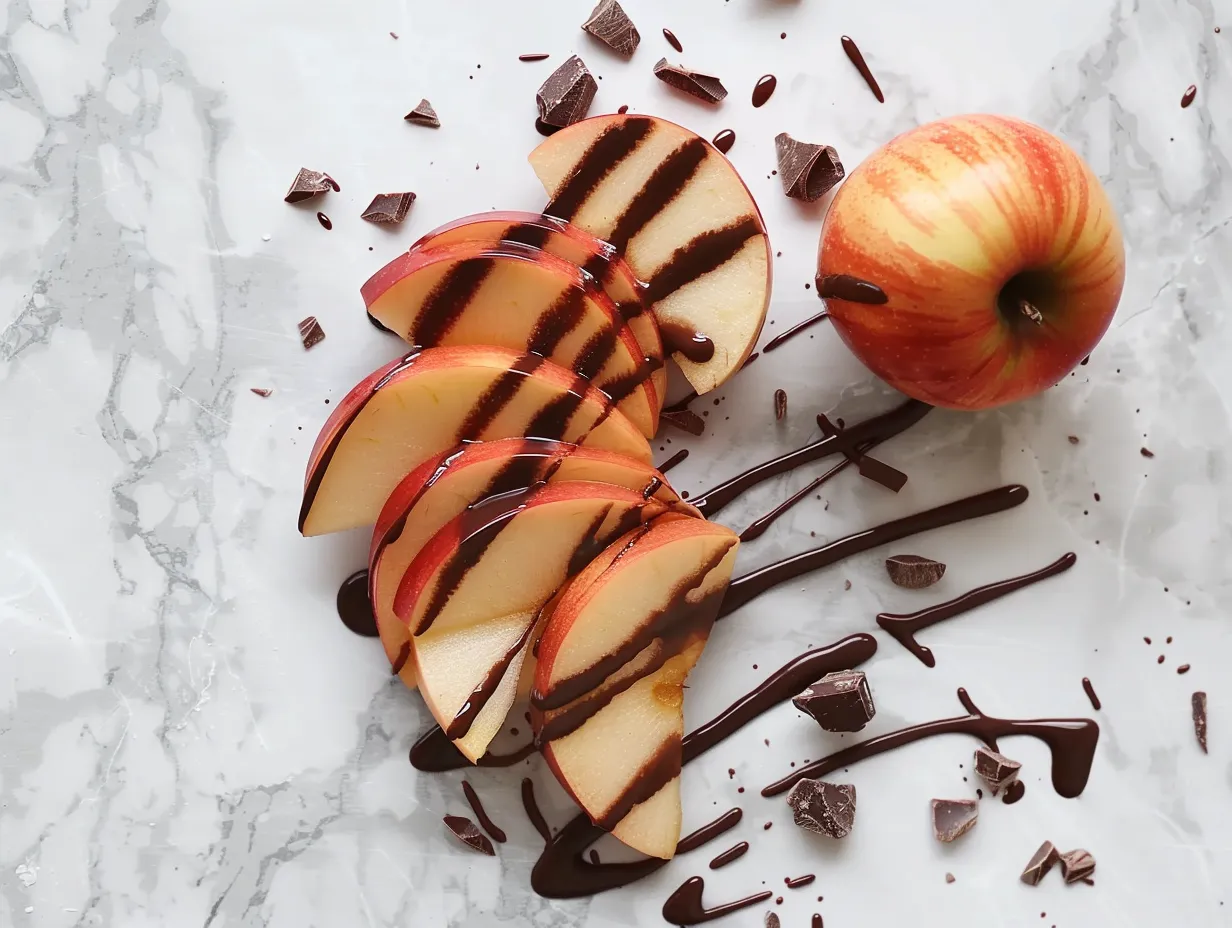 Ingredients for Caramel Apple Slices with Chocolate Drizzle laid out on a counter