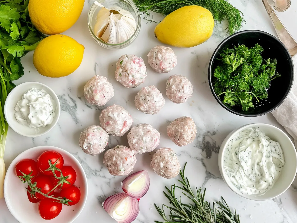 Ingredients for Greek Turkey Meatballs including ground turkey, spices, breadcrumbs, and vegetables.